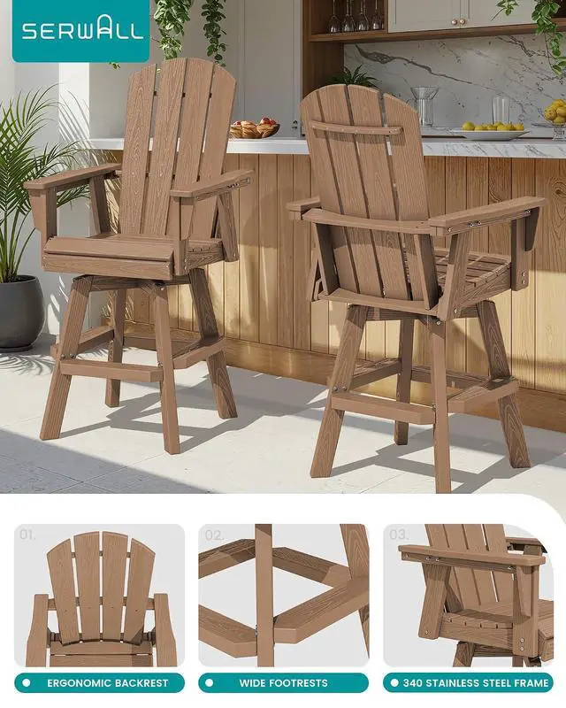 Alt view image 4 of 7 - Swivel Adirondack Barstools Set of 2, HDPE Outdoor Swivel Bar Chairs Set of 2 for Patio, Poolside, Garden, Brown