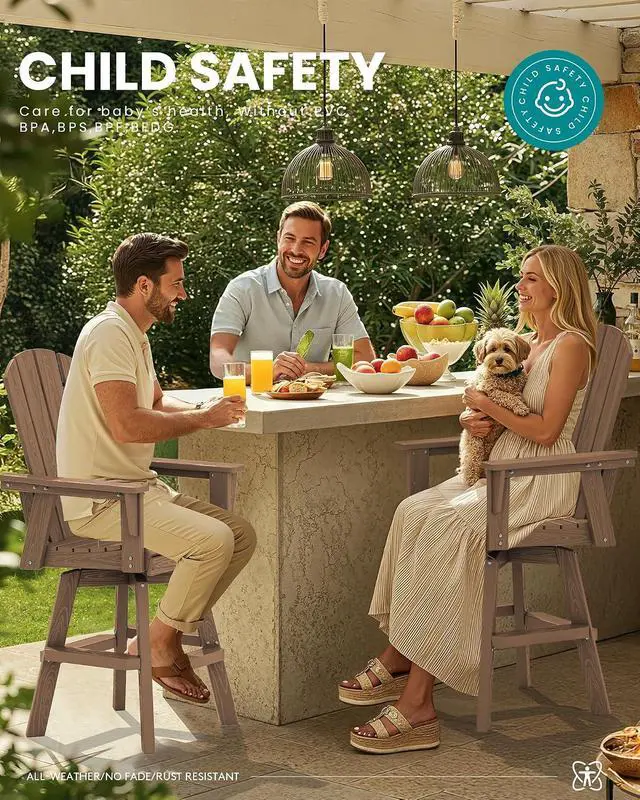 Alt view image 5 of 7 - Swivel Adirondack Barstools Set of 2, HDPE Outdoor Swivel Bar Chairs Set of 2 for Patio, Poolside, Garden, Brown