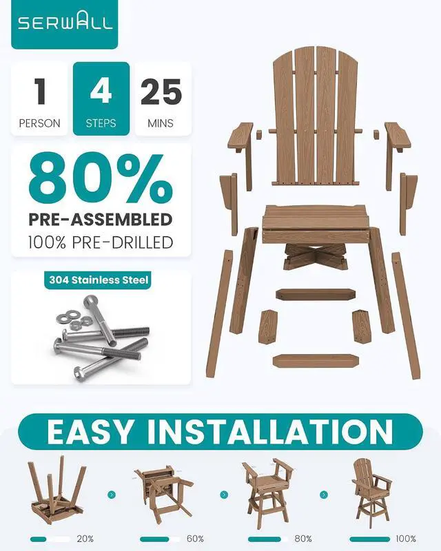 Alt view image 6 of 7 - Swivel Adirondack Barstools Set of 2, HDPE Outdoor Swivel Bar Chairs Set of 2 for Patio, Poolside, Garden, Brown