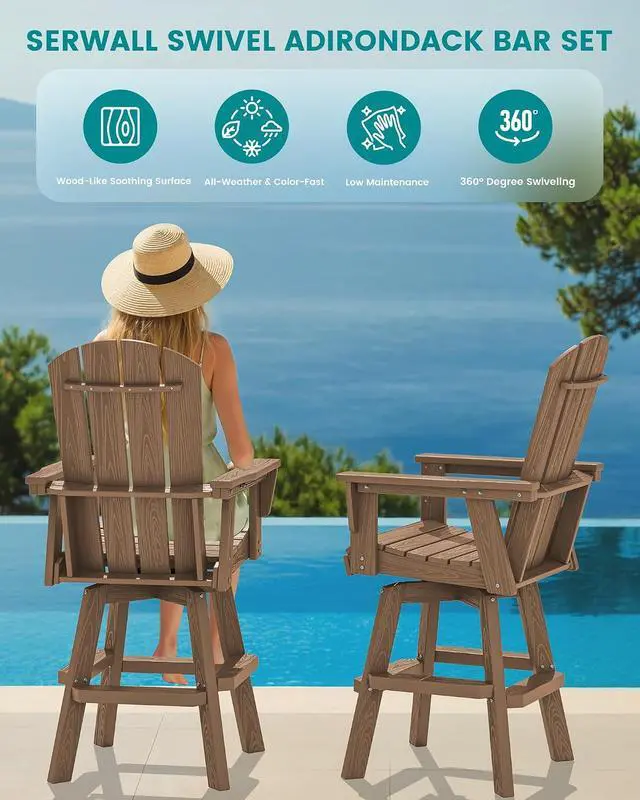 Alt view image 7 of 7 - Swivel Adirondack Barstools Set of 2, HDPE Outdoor Swivel Bar Chairs Set of 2 for Patio, Poolside, Garden, Brown