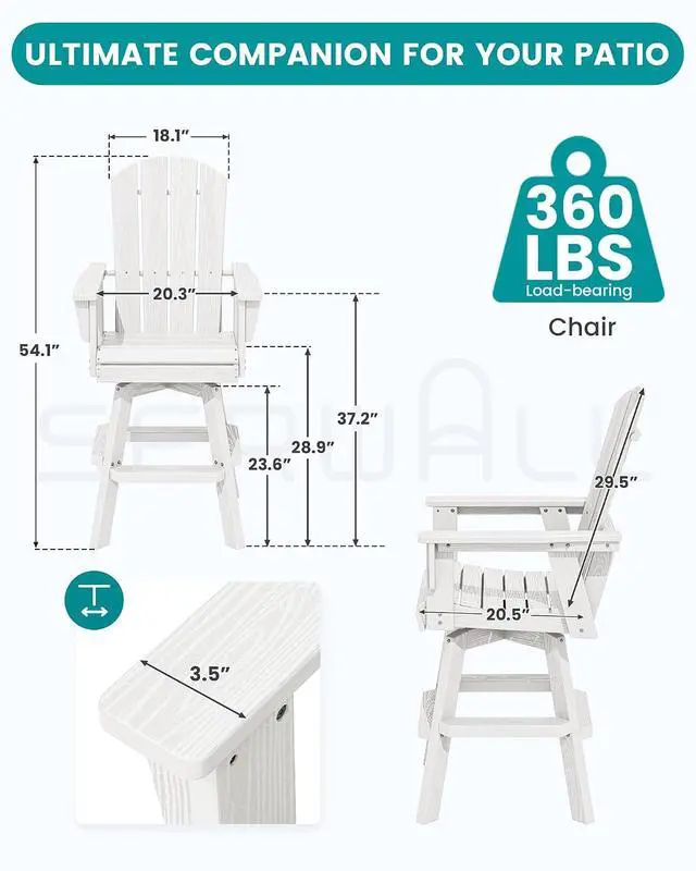 Alt view image 2 of 7 - Swivel Adirondack Barstools Set of 2, HDPE Outdoor Swivel Bar Chairs Set of 2 for Patio, Poolside, Garden, White