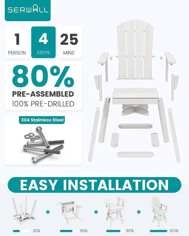 Alt view image 6 of 7 - Swivel Adirondack Barstools Set of 2, HDPE Outdoor Swivel Bar Chairs Set of 2 for Patio, Poolside, Garden, White