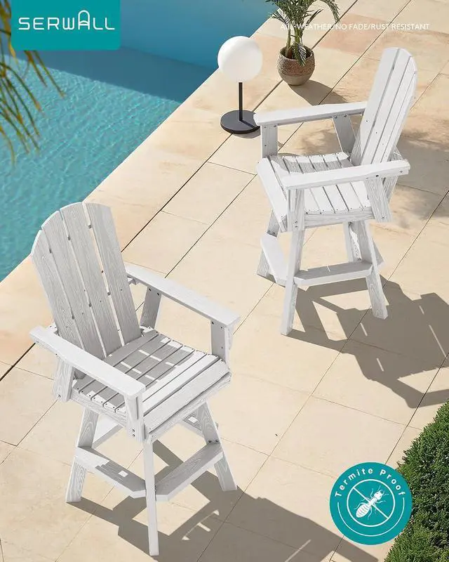 Alt view image 7 of 7 - Swivel Adirondack Barstools Set of 2, HDPE Outdoor Swivel Bar Chairs Set of 2 for Patio, Poolside, Garden, White