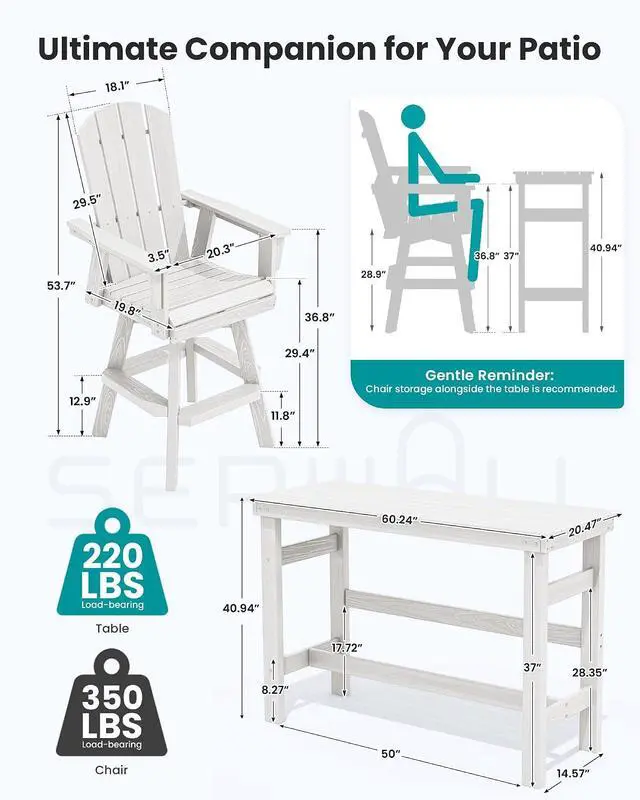 Alt view image 2 of 7 - 3-Piece Swivel Adirondack Bar Set, HDPE Swivel Bar Height Chairs Set of 2 with Bar Table, All-Weather Outdoor Barstools for Patio, Poolside, Garden, White