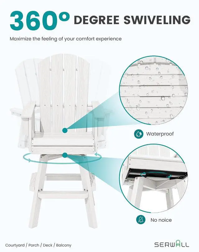 Alt view image 3 of 7 - 3-Piece Swivel Adirondack Bar Set, HDPE Swivel Bar Height Chairs Set of 2 with Bar Table, All-Weather Outdoor Barstools for Patio, Poolside, Garden, White