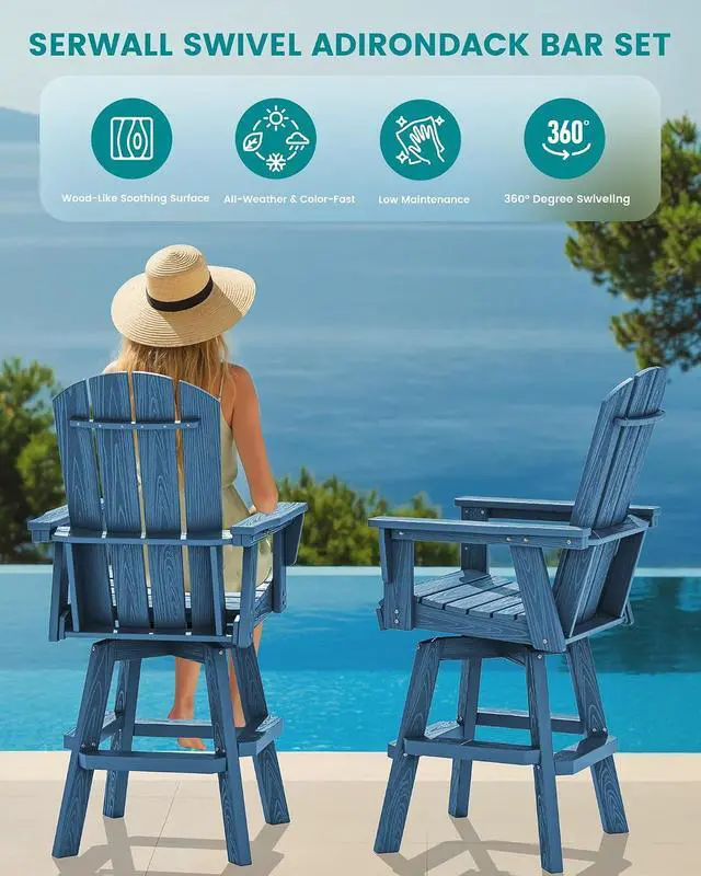 Alt view image 6 of 7 - Swivel Adirondack Bar Chair, HDPE Swivel Balcony Adirondack Chair, Outdoor Bar Height Barstools Chair for Bistro, Poolside, Garden, Blue