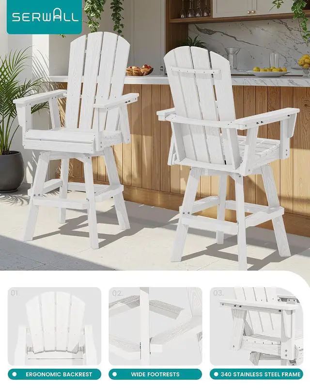 Alt view image 4 of 7 - 3-Piece Swivel Adirondack Bar Set, HDPE Swivel Bar Height Chairs Set of 2 with Bar Table, All-Weather Outdoor Barstools for Patio, Poolside, Garden, White