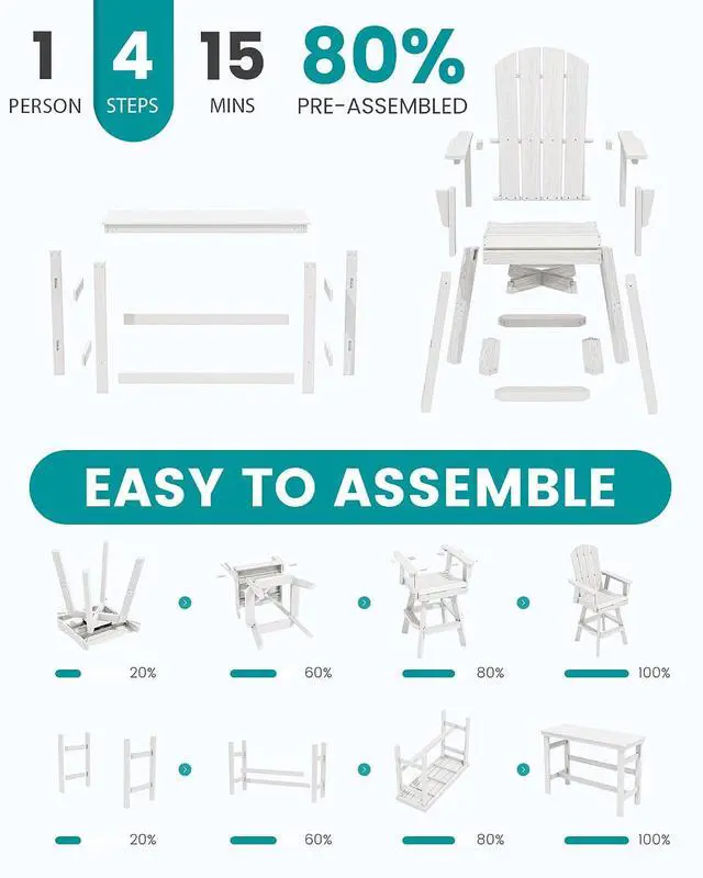 Alt view image 6 of 7 - 3-Piece Swivel Adirondack Bar Set, HDPE Swivel Bar Height Chairs Set of 2 with Bar Table, All-Weather Outdoor Barstools for Patio, Poolside, Garden, White