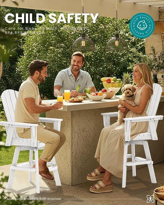 Alt view image 7 of 7 - 10-Piece Swivel Adirondack Bar Set, HDPE Swivel Bar Height Chairs Set of 8 with 2 Bar Tables, All-Weather Outdoor Barstools for Patio, Poolside, Garden, White