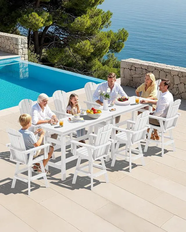 Alt view image 5 of 7 - 10-Piece Swivel Adirondack Bar Set, HDPE Swivel Bar Height Chairs Set of 8 with 2 Bar Tables, All-Weather Outdoor Barstools for Patio, Poolside, Garden, White