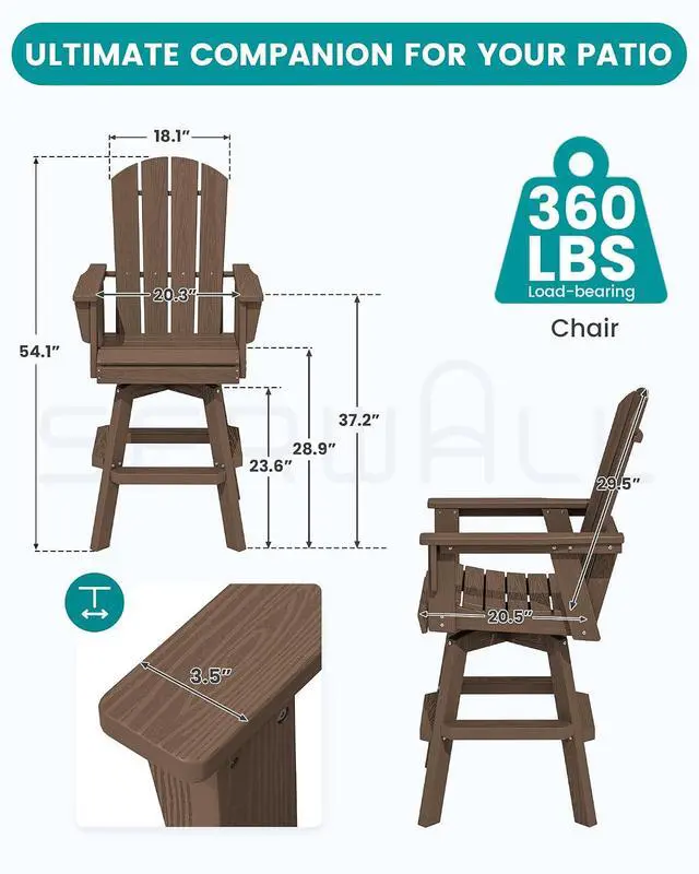 Alt view image 2 of 7 - HDPE Swivel Adirondack Bar Chair, Swivel Balcony Adirondack Chair, Outdoor Bar Height Barstools for Bistro, Poolside, Garden, Coffee