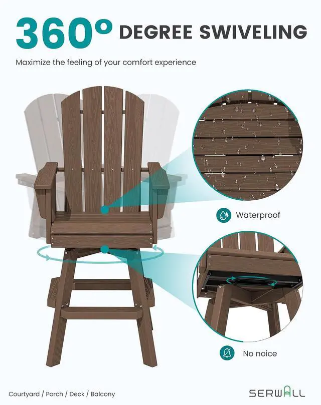 Alt view image 3 of 7 - HDPE Swivel Adirondack Bar Chair, Swivel Balcony Adirondack Chair, Outdoor Bar Height Barstools for Bistro, Poolside, Garden, Coffee