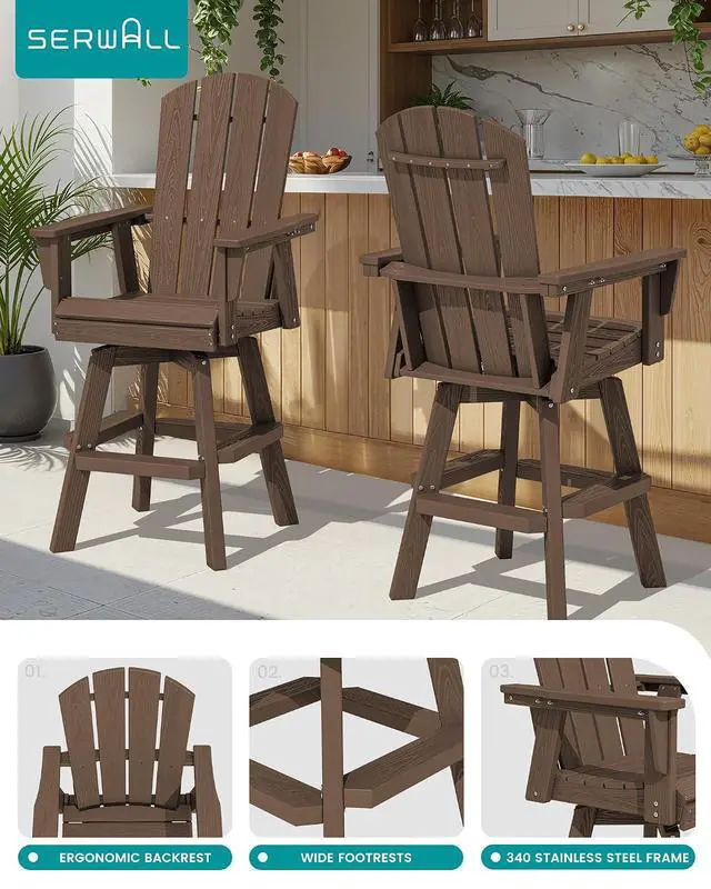 Alt view image 4 of 7 - HDPE Swivel Adirondack Bar Chair, Swivel Balcony Adirondack Chair, Outdoor Bar Height Barstools for Bistro, Poolside, Garden, Coffee