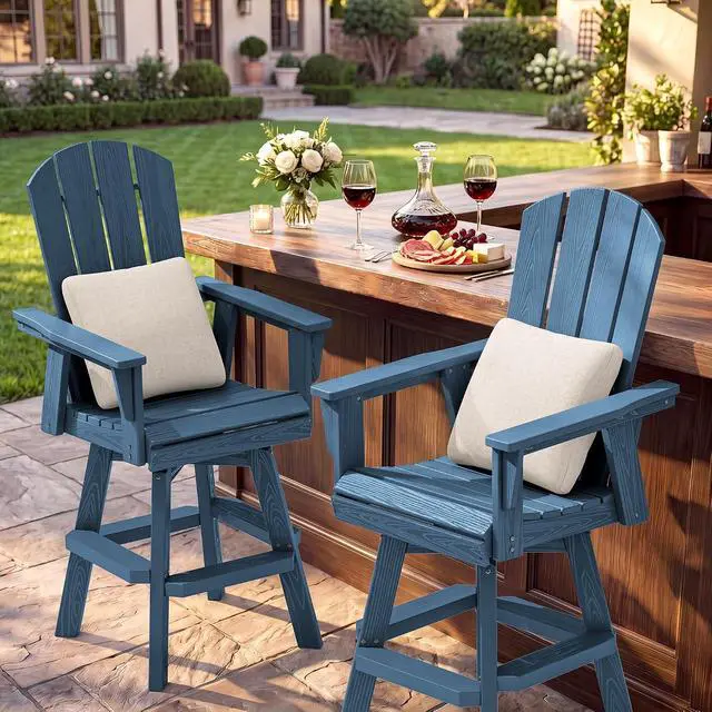 Alt view image 2 of 7 - Swivel Adirondack Bar Chairs Set of 2, HDPE Outdoor Swivel Barstools Chairs Set of 2 for Bistro, Poolside, Garden, Blue