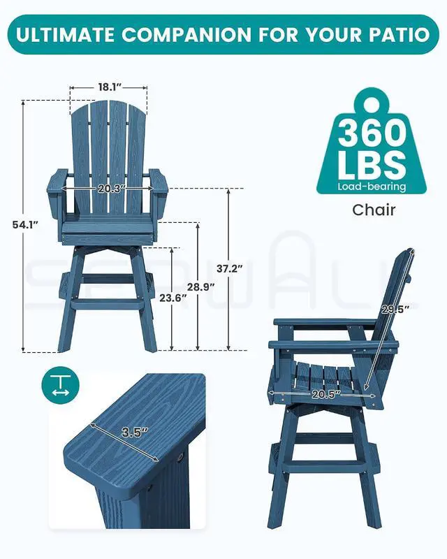 Alt view image 3 of 7 - Swivel Adirondack Bar Chairs Set of 2, HDPE Outdoor Swivel Barstools Chairs Set of 2 for Bistro, Poolside, Garden, Blue