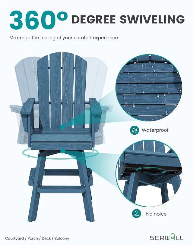 Alt view image 3 of 7 - Swivel Adirondack Bar Chair, HDPE Swivel Balcony Adirondack Chair, Outdoor Bar Height Barstools Chair for Bistro, Poolside, Garden, Blue