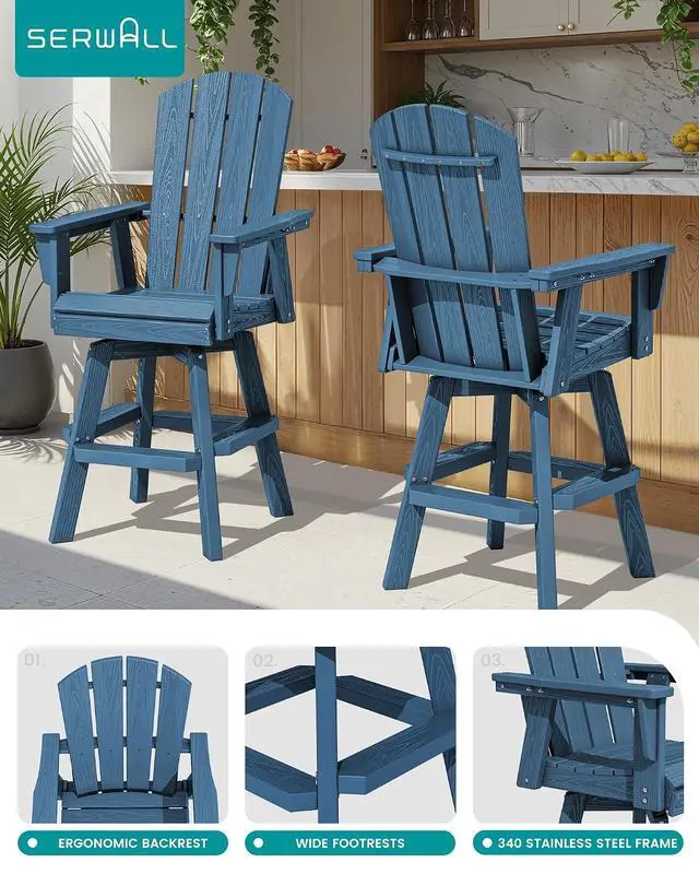 Alt view image 4 of 7 - Swivel Adirondack Bar Chair, HDPE Swivel Balcony Adirondack Chair, Outdoor Bar Height Barstools Chair for Bistro, Poolside, Garden, Blue