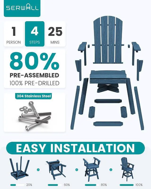 Alt view image 7 of 7 - Swivel Adirondack Bar Chair, HDPE Swivel Balcony Adirondack Chair, Outdoor Bar Height Barstools Chair for Bistro, Poolside, Garden, Blue