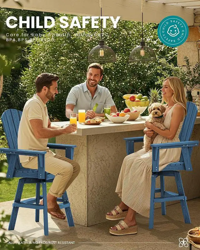 Alt view image 5 of 7 - Swivel Adirondack Bar Chair, HDPE Swivel Balcony Adirondack Chair, Outdoor Bar Height Barstools Chair for Bistro, Poolside, Garden, Blue
