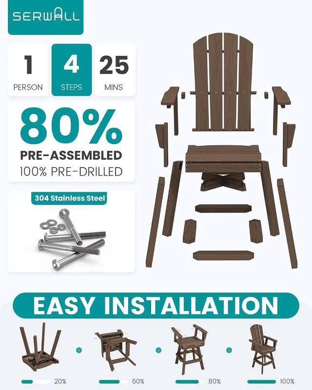 Alt view image 7 of 7 - HDPE Swivel Adirondack Bar Chair, Swivel Balcony Adirondack Chair, Outdoor Bar Height Barstools for Bistro, Poolside, Garden, Coffee
