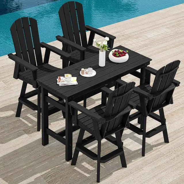 Main image of 5-Piece Swivel Adirondack Bar Set, HDPE Swivel Bar Height Chairs Set of 4 with Bar Table, All-Weather Outdoor Barstools for Patio, Poolside, Garden, Black