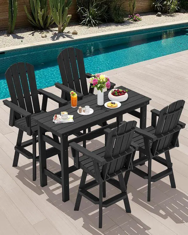 Alt view image 5 of 7 - 5-Piece Swivel Adirondack Bar Set, HDPE Swivel Bar Height Chairs Set of 4 with Bar Table, All-Weather Outdoor Barstools for Patio, Poolside, Garden, Black