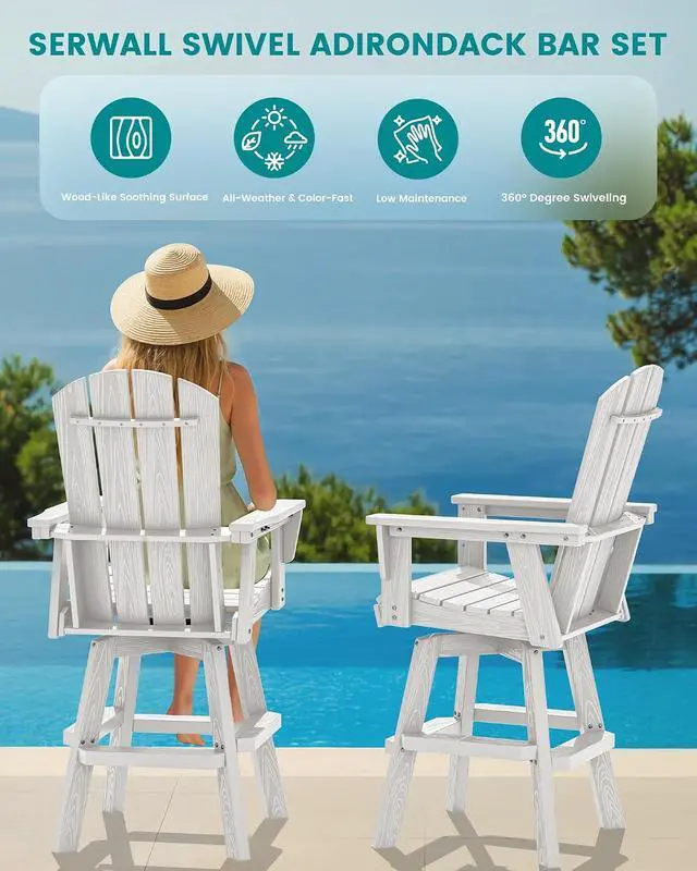 Alt view image 5 of 7 - 5-Piece Swivel Adirondack Bar Set, HDPE Swivel Bar Height Chairs Set of 4 with Bar Table, All-Weather Outdoor Barstools for Patio, Poolside, Garden, White