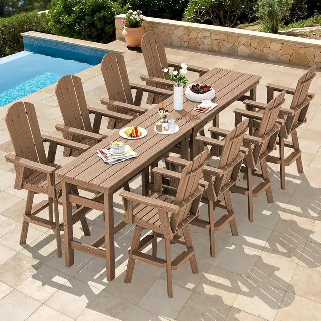 Main image of 10-Piece Swivel Adirondack Bar Set, HDPE Swivel Bar Height Chairs Set of 8 with 2 Bar Tables, All-Weather Outdoor Barstools for Patio, Poolside, Garden, Brown