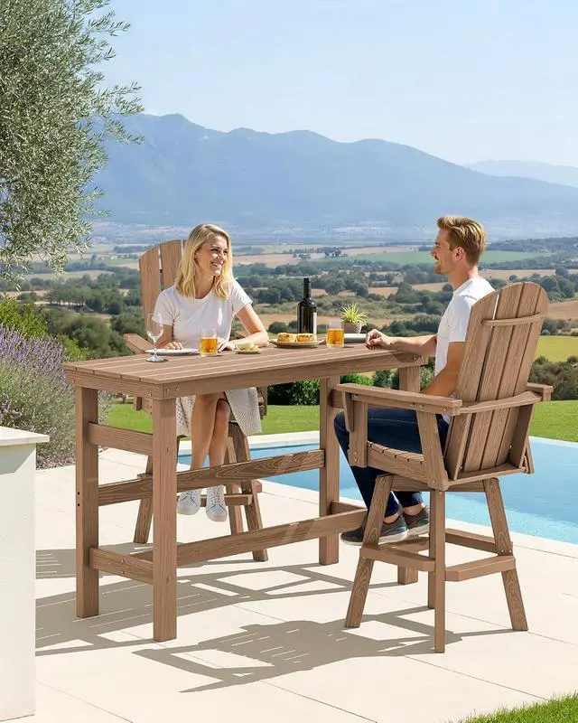 Alt view image 5 of 7 - 3-Piece Swivel Adirondack Bar Set, HDPE Swivel Bar Height Chairs Set of 2 with Bar Table, All-Weather Outdoor Barstools for Patio, Poolside, Garden, Brown