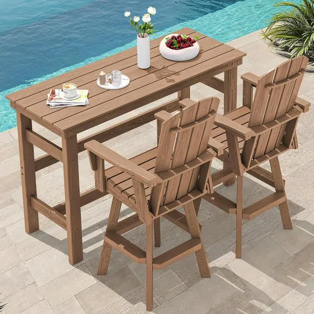 Main image of 3-Piece Swivel Adirondack Bar Set, HDPE Swivel Bar Height Chairs Set of 2 with Bar Table, All-Weather Outdoor Barstools for Patio, Poolside, Garden, Brown