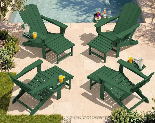 Main image of Folding Adjustable Adirondack Chairs with Footrest Set of 4, HDPE Outdoor Chair with 4-in-1 Cup Holders, All Weather Adirondack Chair with Ottoman, Green