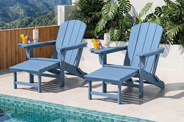 Main image of Folding Adjustable Adirondack Chairs with Footrest Set of 2, HDPE Outdoor Chair with 4-in-1 Cup Holders, All Weather Adirondack Chair with Ottoman, Blue