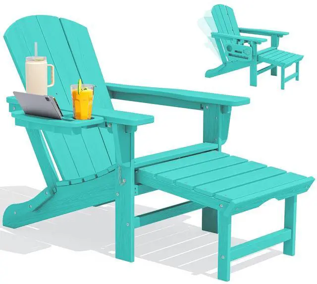 Main image of Folding Adjustable Adirondack Chair with Footrest, HDPE Outdoor Chair with 4-in-1 Cup Holders, All Weather Adirondack Chair with Ottoman, Aruba