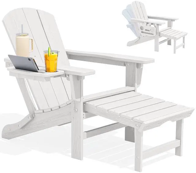 Main image of Folding Adjustable Adirondack Chair with Footrest, HDPE Outdoor Chair with 4-in-1 Cup Holders, All Weather Adirondack Chair with Ottoman, White