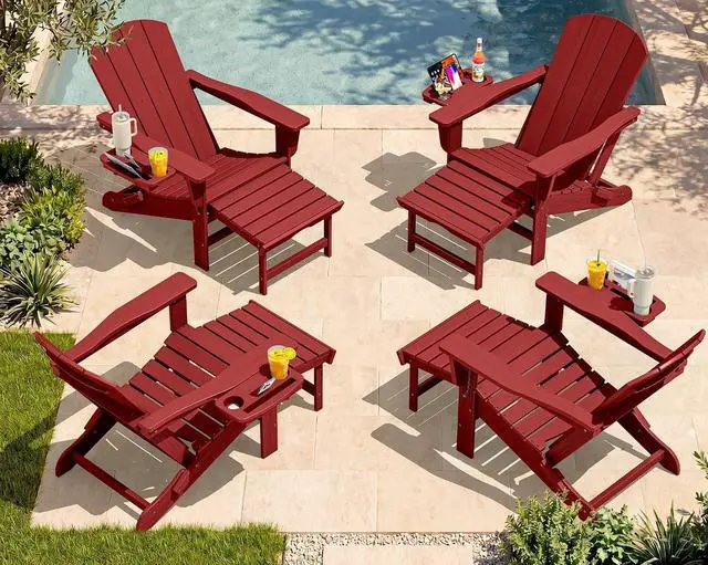 Main image of Folding Adjustable Adirondack Chairs with Footrest Set of 4, HDPE Outdoor Chair with 4-in-1 Cup Holders, All Weather Adirondack Chair with Ottoman, Red