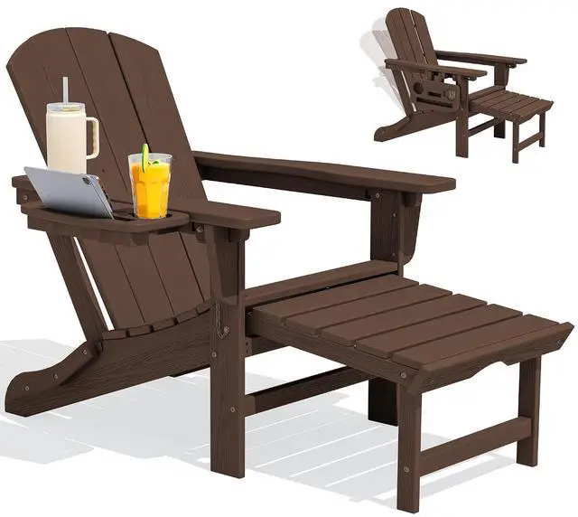 Main image of Folding Adjustable Adirondack Chair with Footrest, HDPE Outdoor Chair with 4-in-1 Cup Holders, All Weather Adirondack Chair with Ottoman, Coffee