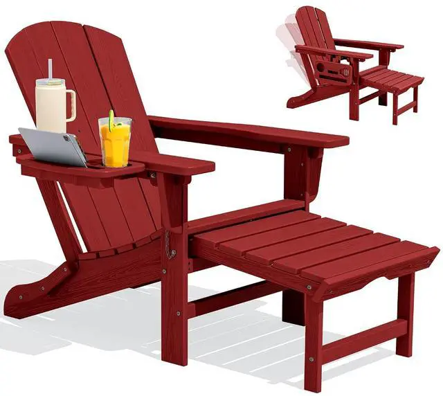 Main image of Folding Adjustable Adirondack Chair with Footrest, HDPE Outdoor Chair with 4-in-1 Cup Holders, All Weather Adirondack Chair with Ottoman, Red