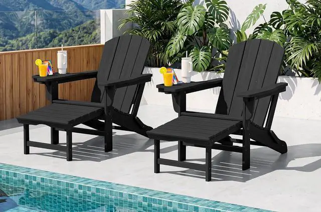Main image of Folding Adjustable Adirondack Chairs with Footrest Set of 2, HDPE Outdoor Chair with 4-in-1 Cup Holders, All Weather Adirondack Chair with Ottoman, Black