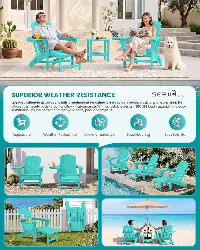 Alt view image 7 of 7 - Folding Adjustable Adirondack Chairs with Footrest Set of 4, HDPE Outdoor Chair with 4-in-1 Cup Holders, All Weather Adirondack Chair with Ottoman, Aruba