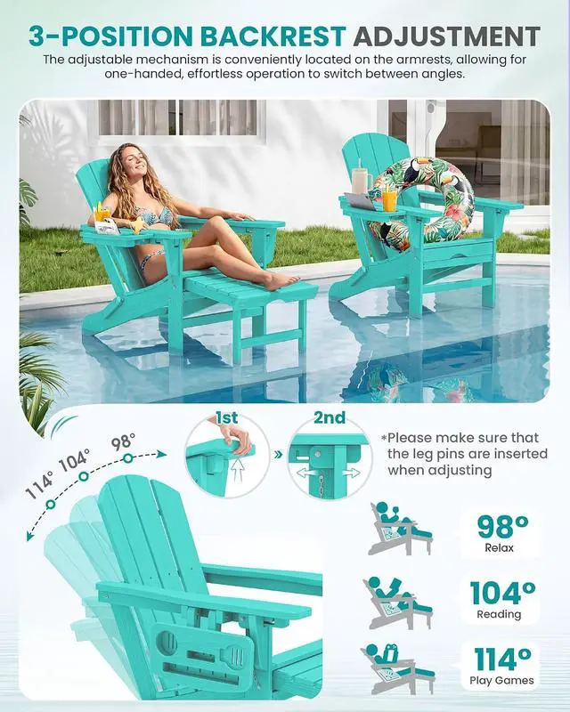 Alt view image 3 of 7 - Folding Adjustable Adirondack Chairs with Footrest Set of 4, HDPE Outdoor Chair with 4-in-1 Cup Holders, All Weather Adirondack Chair with Ottoman, Aruba