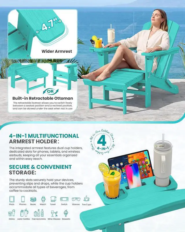 Alt view image 4 of 7 - Folding Adjustable Adirondack Chairs with Footrest Set of 4, HDPE Outdoor Chair with 4-in-1 Cup Holders, All Weather Adirondack Chair with Ottoman, Aruba