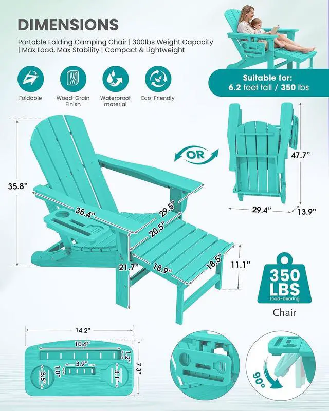 Alt view image 2 of 7 - Folding Adjustable Adirondack Chairs with Footrest Set of 4, HDPE Outdoor Chair with 4-in-1 Cup Holders, All Weather Adirondack Chair with Ottoman, Aruba