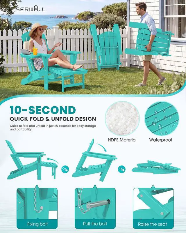 Alt view image 5 of 7 - Folding Adjustable Adirondack Chairs with Footrest Set of 4, HDPE Outdoor Chair with 4-in-1 Cup Holders, All Weather Adirondack Chair with Ottoman, Aruba