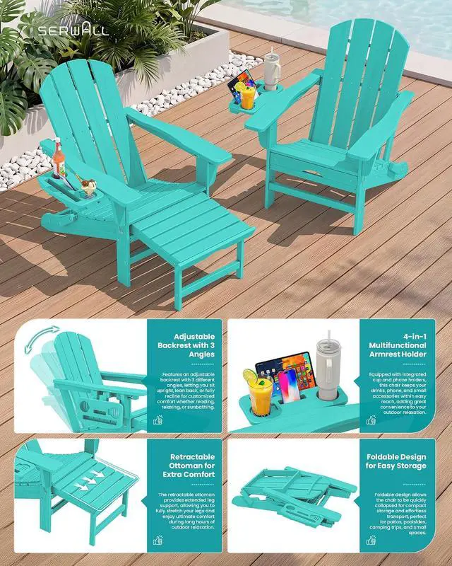 Alt view image 6 of 7 - Folding Adjustable Adirondack Chairs with Footrest Set of 4, HDPE Outdoor Chair with 4-in-1 Cup Holders, All Weather Adirondack Chair with Ottoman, Aruba