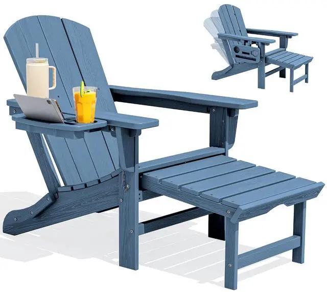 Main image of Folding Adjustable Adirondack Chair with Footrest, HDPE Outdoor Chair with 4-in-1 Cup Holders, All Weather Adirondack Chair with Ottoman, Blue