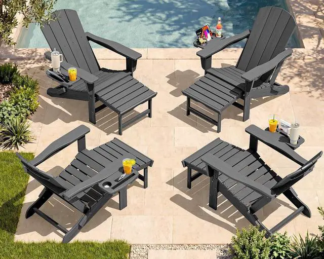 Main image of Folding Adjustable Adirondack Chairs with Footrest Set of 4, HDPE Outdoor Chair with 4-in-1 Cup Holders, All Weather Adirondack Chair with Ottoman, Gray