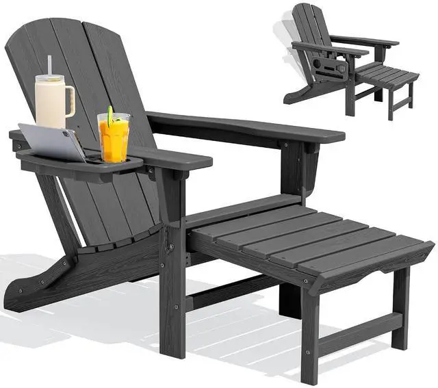 Main image of Folding Adjustable Adirondack Chair with Footrest, HDPE Outdoor Chair with 4-in-1 Cup Holders, All Weather Adirondack Chair with Ottoman, Gray