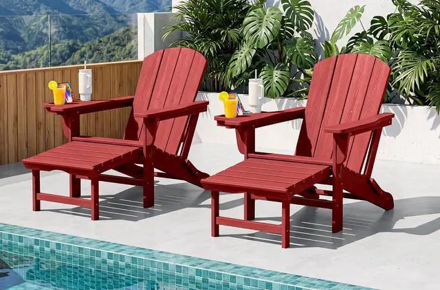 Main image of Folding Adjustable Adirondack Chairs with Footrest Set of 2, HDPE Outdoor Chair with 4-in-1 Cup Holders, All Weather Adirondack Chair with Ottoman, Red