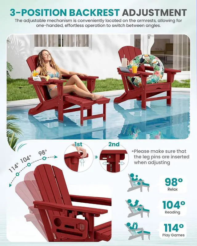 Alt view image 2 of 7 - Folding Adjustable Adirondack Chairs with Footrest Set of 4, HDPE Outdoor Chair with 4-in-1 Cup Holders, All Weather Adirondack Chair with Ottoman, Red