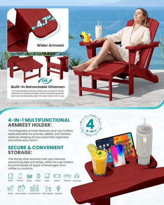 Alt view image 3 of 7 - Folding Adjustable Adirondack Chairs with Footrest Set of 4, HDPE Outdoor Chair with 4-in-1 Cup Holders, All Weather Adirondack Chair with Ottoman, Red